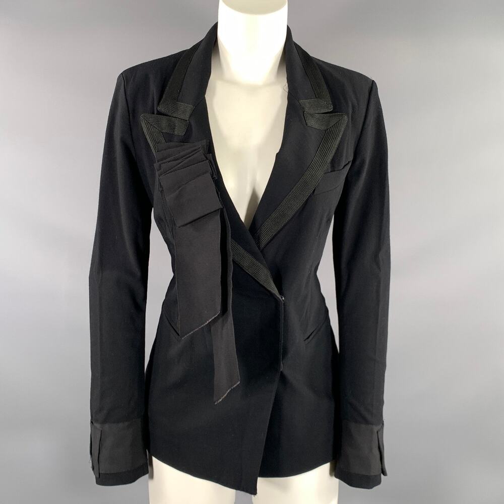 DONNA KARAN Size 8 Black Wool Blend Ruffled Peak Lapel Jacket Indoor Blazer